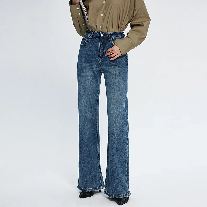 

Jeans Wide Leg Pants Women 2025 Denim Flare Trousers Stretch High Waist Pockets Washed Distressed Streetwear Floor Length