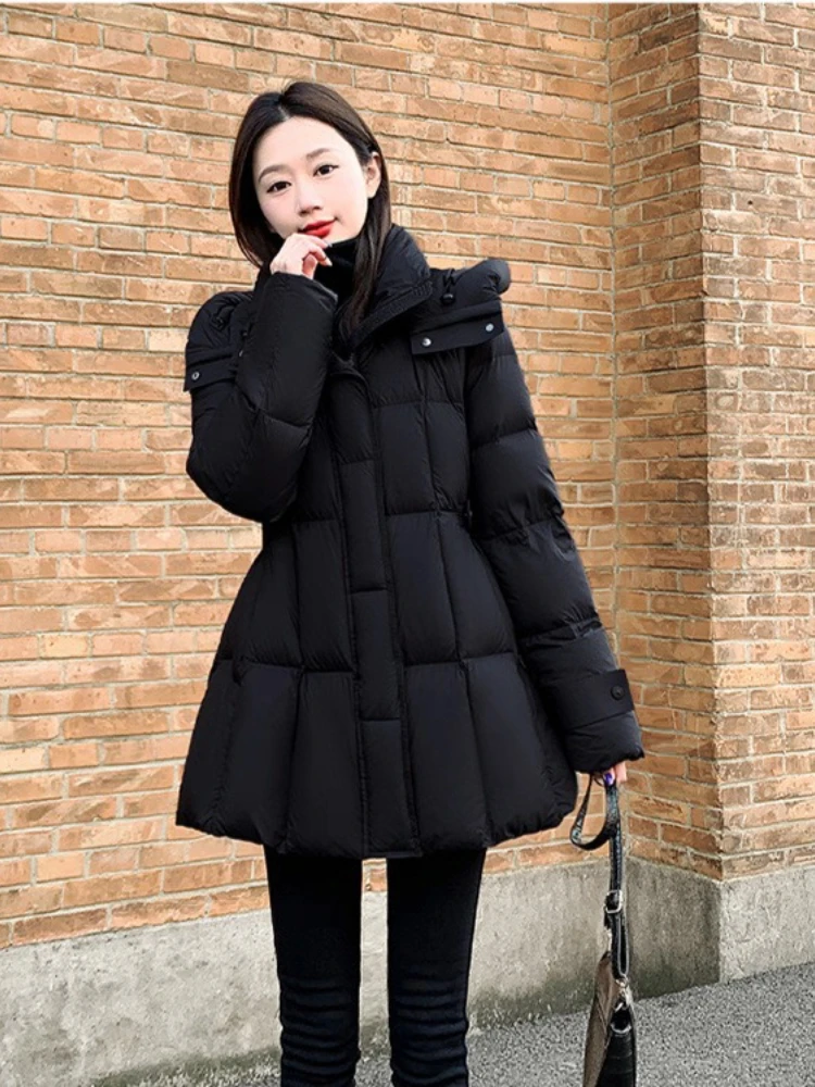 Winter Clothes Korean Chic Down Jacket For Women Hooded Zipper Drawstring Thick Warm White Duck Puffer Coat Ladies Clothing