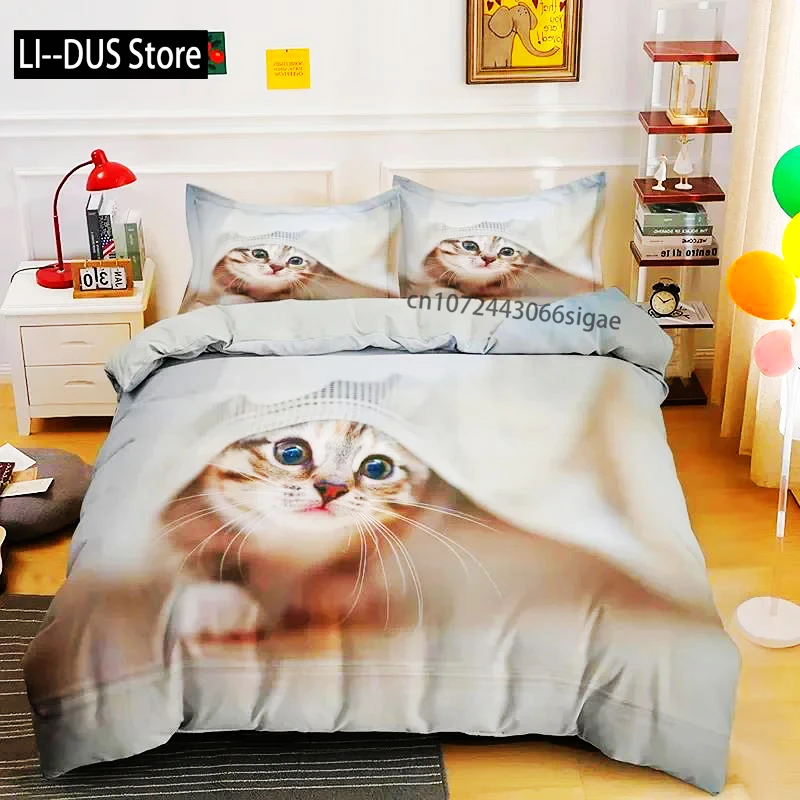 Pet Animal Bedding Set Cute Cat Bedding For Boys Quilt Cover Pillowcase Comforter Cover Kawaii Kitty Soft Polyester Duvet Cover