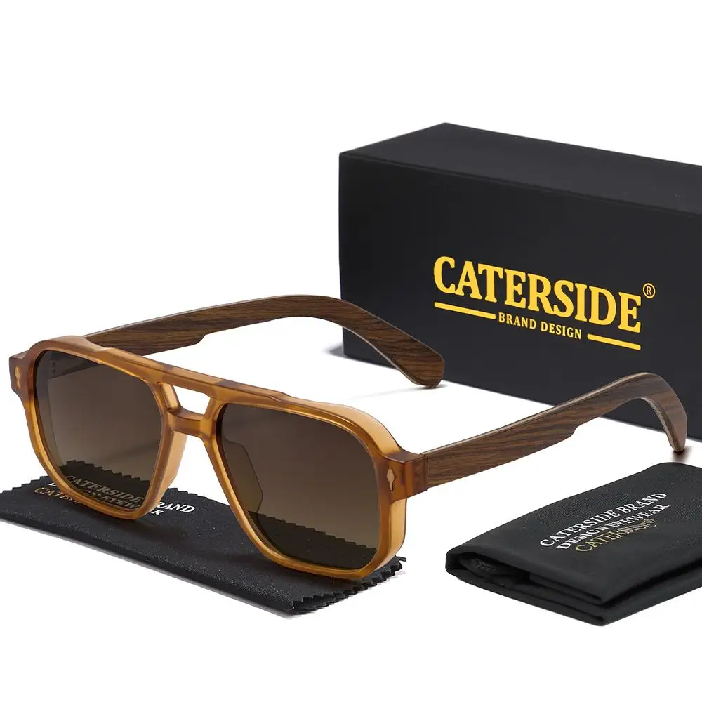 CATERSIDE Modische polarisierte Sonnenbrille für Herren, Holzbeine, flaches Doppelbrücken-Design, Sonnenbrille für Damen, Outdoor-Sommerbrille – Detail 23