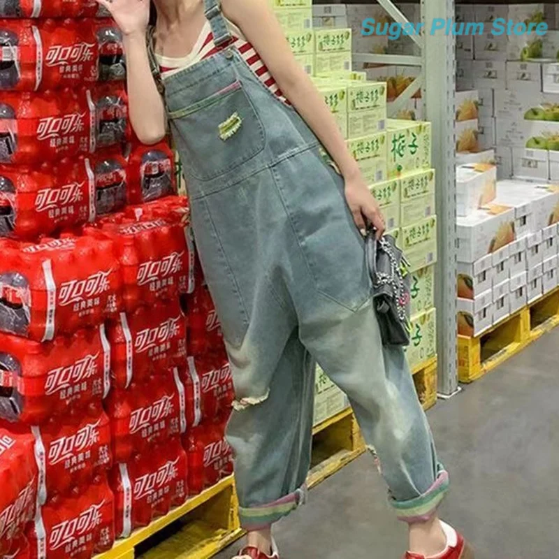 Japanese Sweet Wind Girl Autumn New Loose Denim Bib Pocket Design Fashion Comfortable Leisure Commuting Slim Soft Trend Pants.