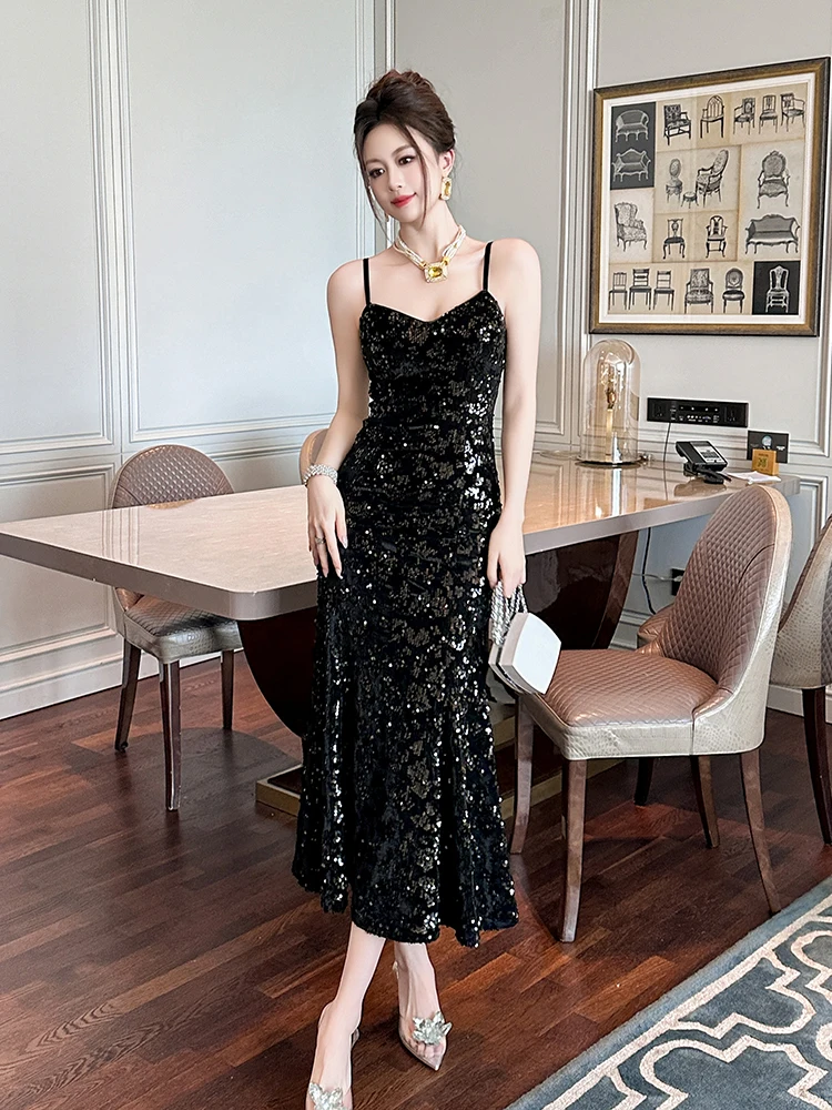 

Ele Bla Evening Gown with awl Sexy High Waist Sequin Fi Tail Dr for Women Suitable for Various Ocns