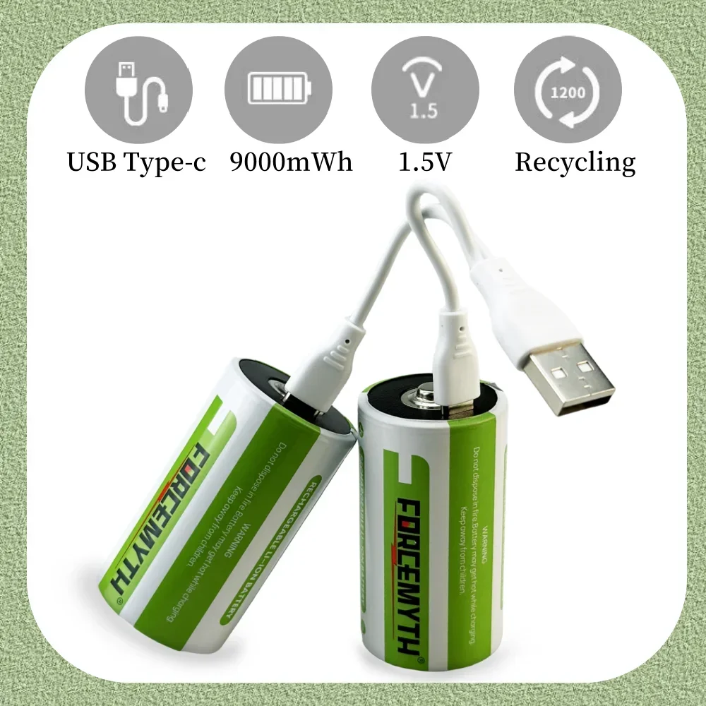 D Size 1.5V 9000mWh D/LR20 Lithium Battery Rechargeable Battery Type C USB Charging Suitable for household appliance, flashlight