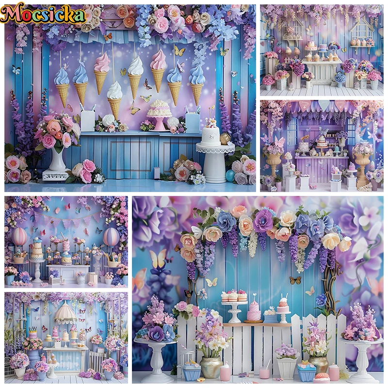 Purple Cake Crush Ice Cream Flower Background For Photography Baby Newborn Backdrop Happy Birthday Party Decoration Photo Studio