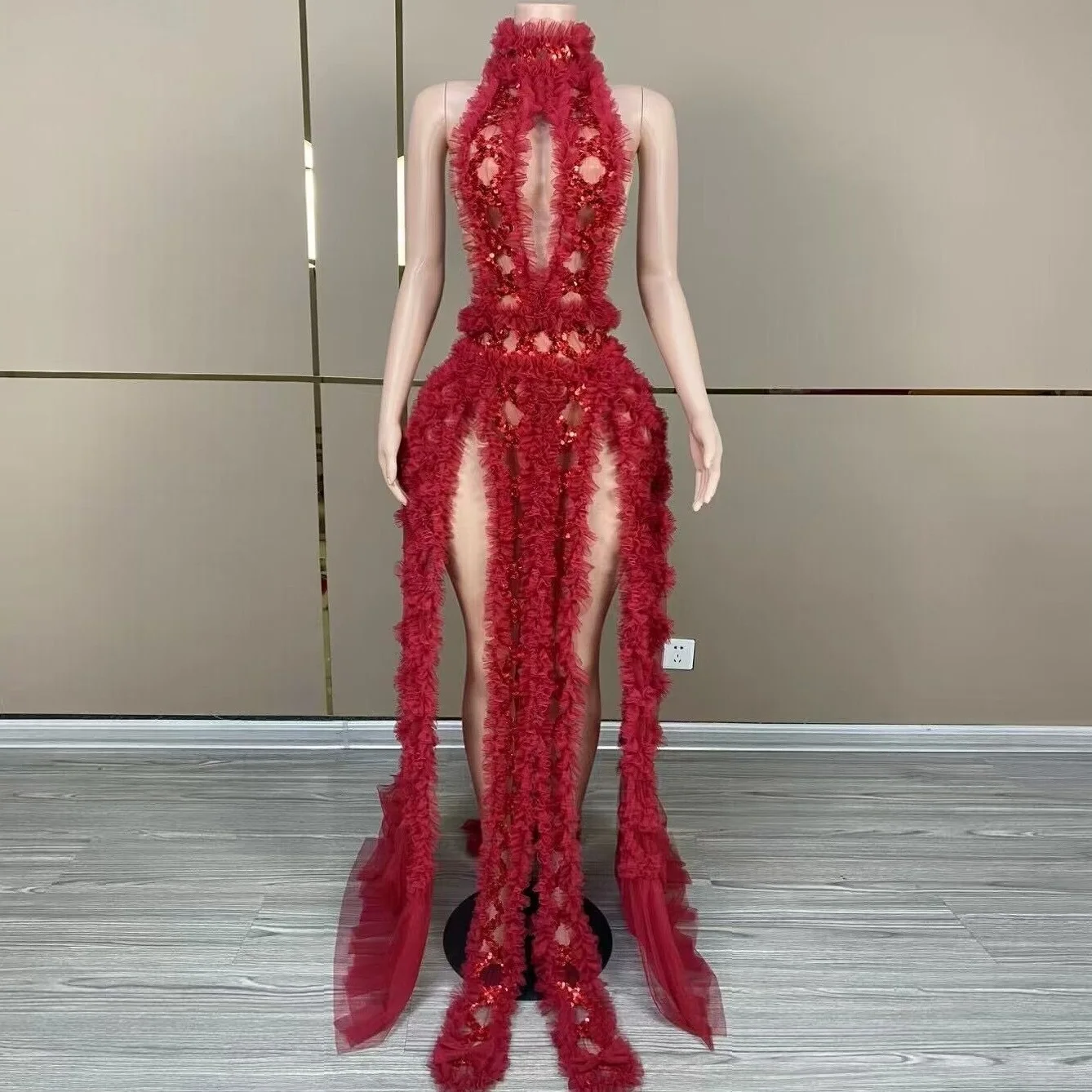 

Red Mesh Sequins Sexy Hollowed-Out Halter See-Through Dress Evening Party Prom Nightclub Singer Performance Costume Stage Wear