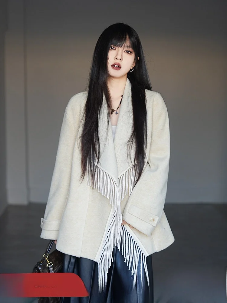 

Korean Sle ort Tassel Woolen Coat Women's Autumn Winter New Faion Ele Aosphere Commute Loose Fit Polyester Blend