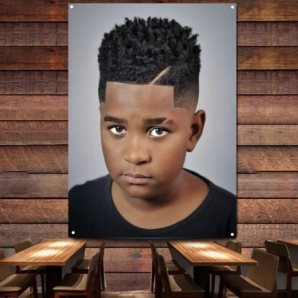 Fade haircuts for Black boy hair design Poster - Haircut & Shave Service Wall Art Tapestry Barber Shop Wall Decor Banner & Flag