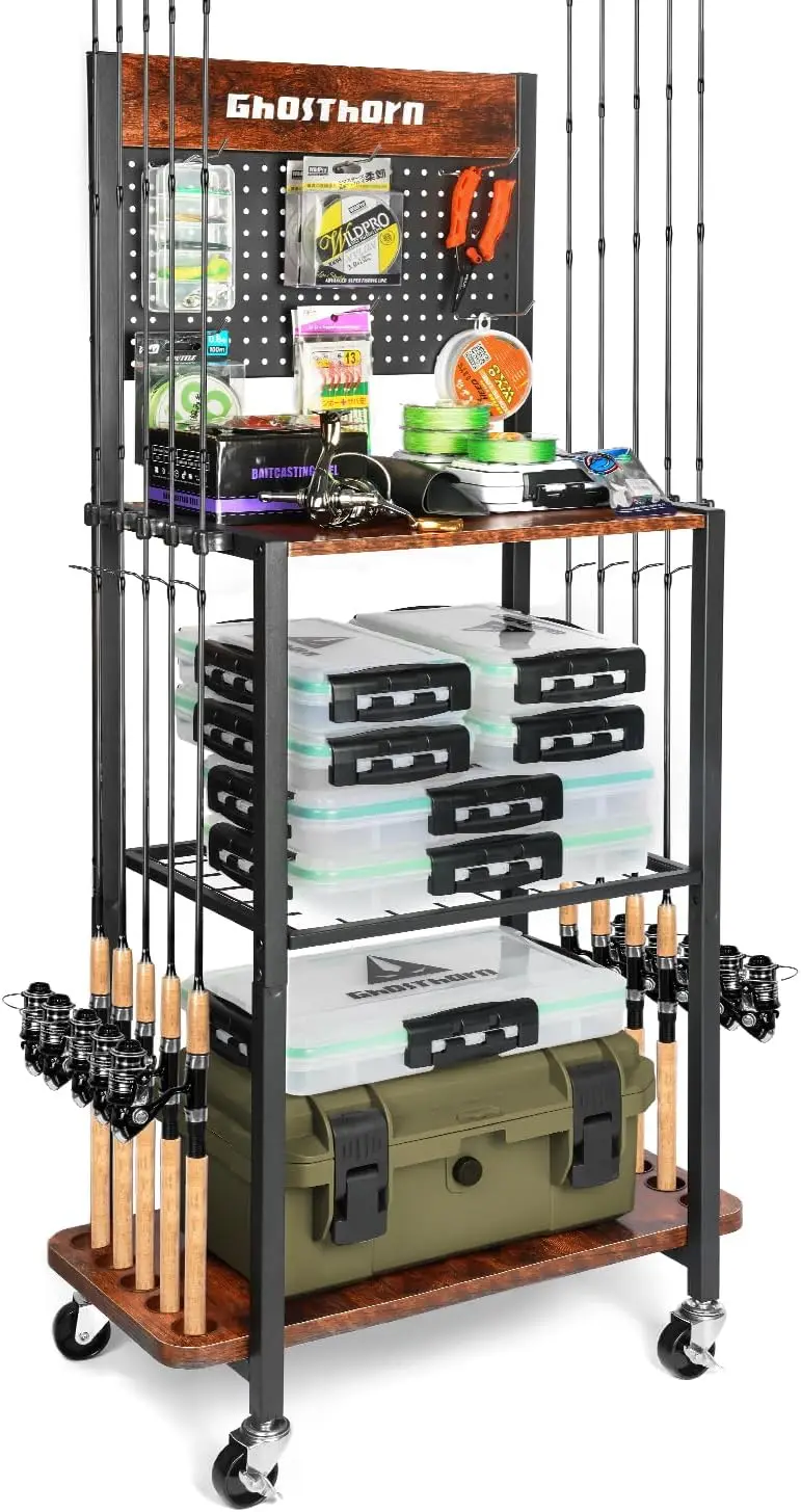 Soporte para Cañas de Pescar para Garaje - 3 Niveles con Capacidad para 10 Cañas, con Panel Perforado y Ruedas con Bloqueo