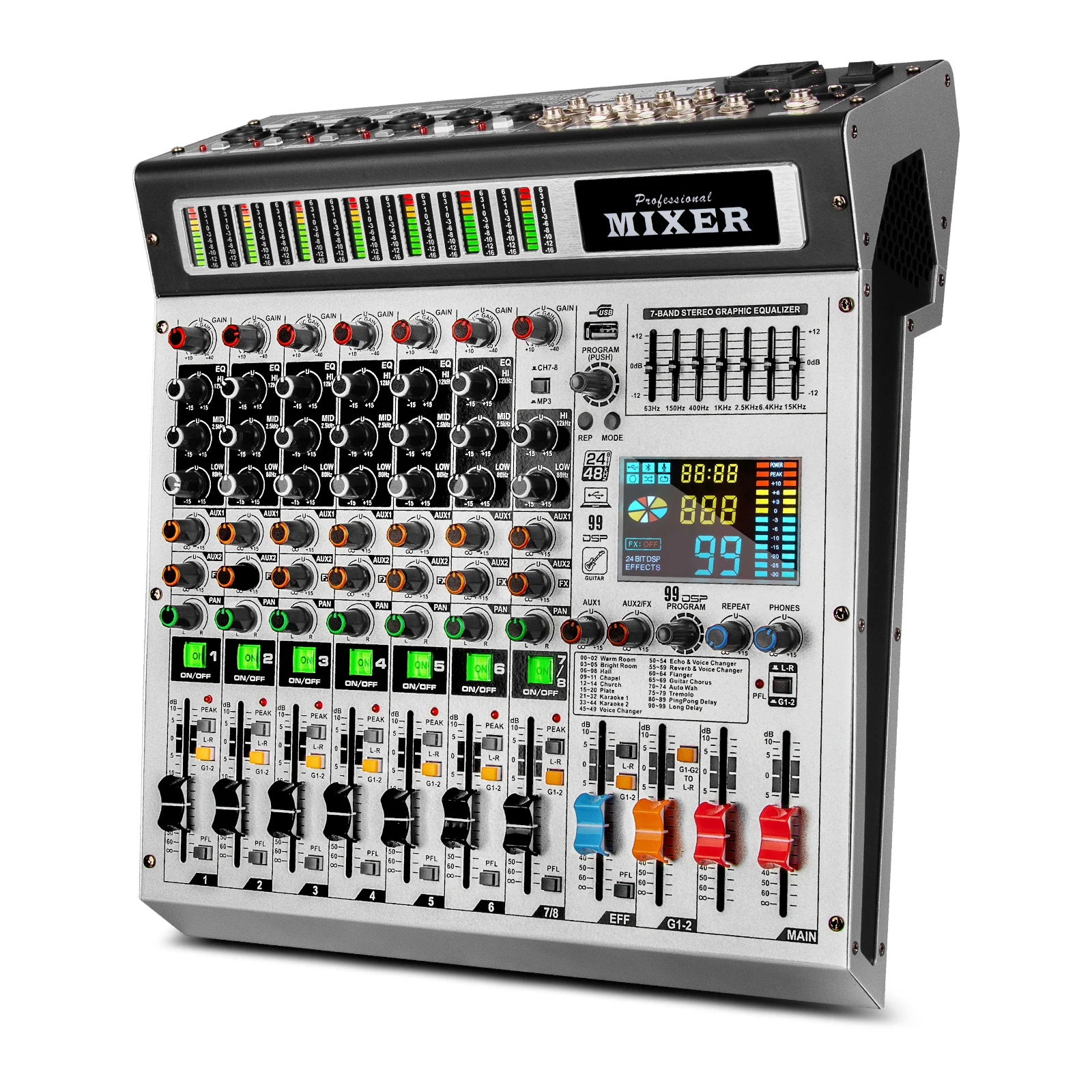 8 Channel Audio Mixer Professional Mixing 99 DSP Digital Effects Audio Console DJ Audio Console For Karaoke Recording