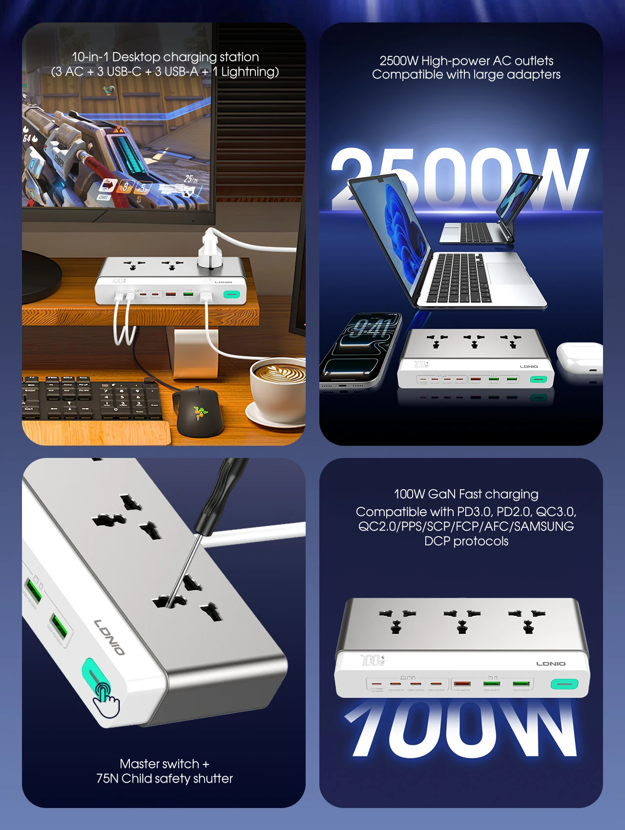 LDNIO 10-in-1 GaN Desktop Charger 100W Fast Charging Power Strip with 3 AC Universal Outlets for Laptop Office 2M EU UK US Plug