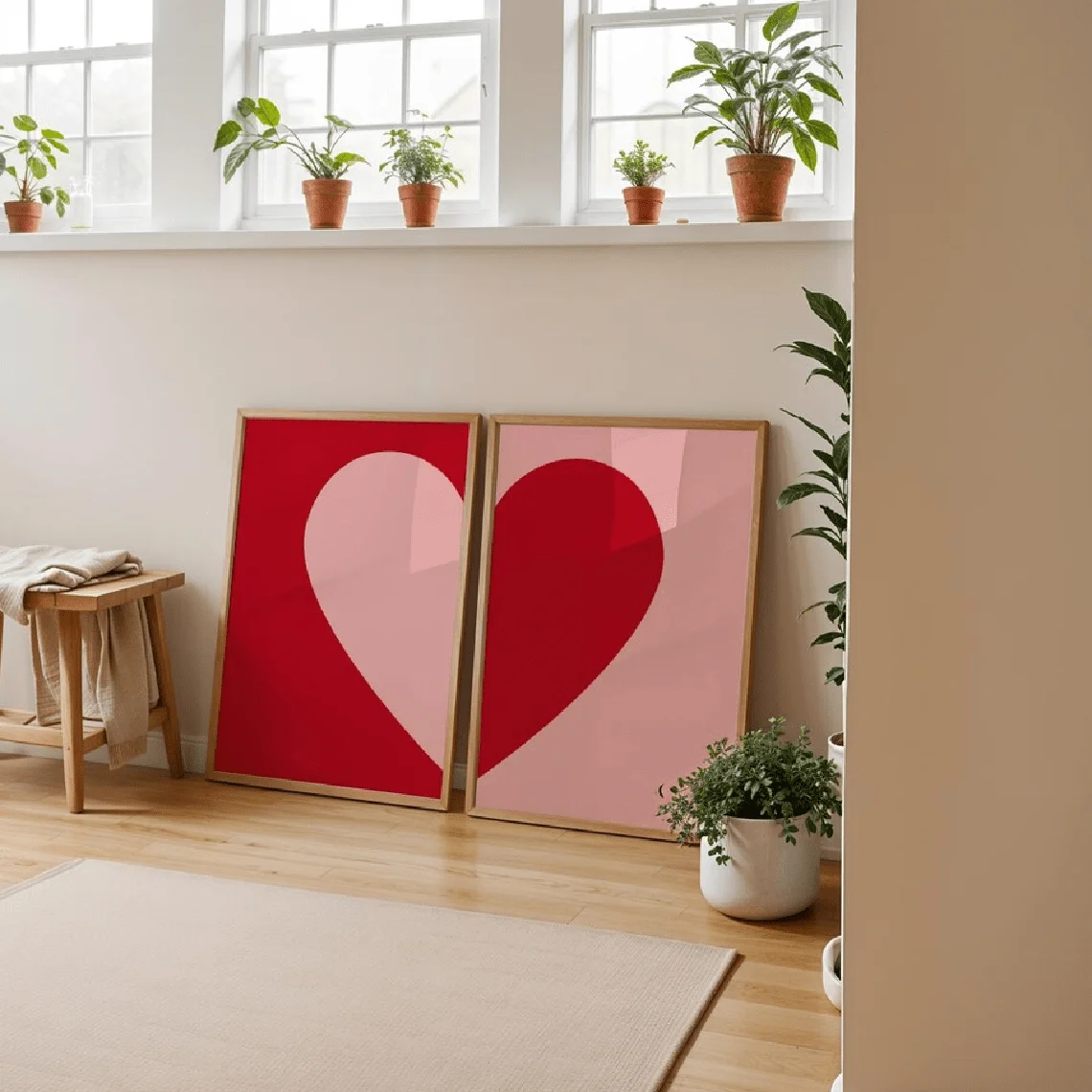 2pcs/set Pink and Red Heart Canvas Printing Minimalist Romantic Love Wall Art Poster for Modern Home Decor Valentine's Day Gift