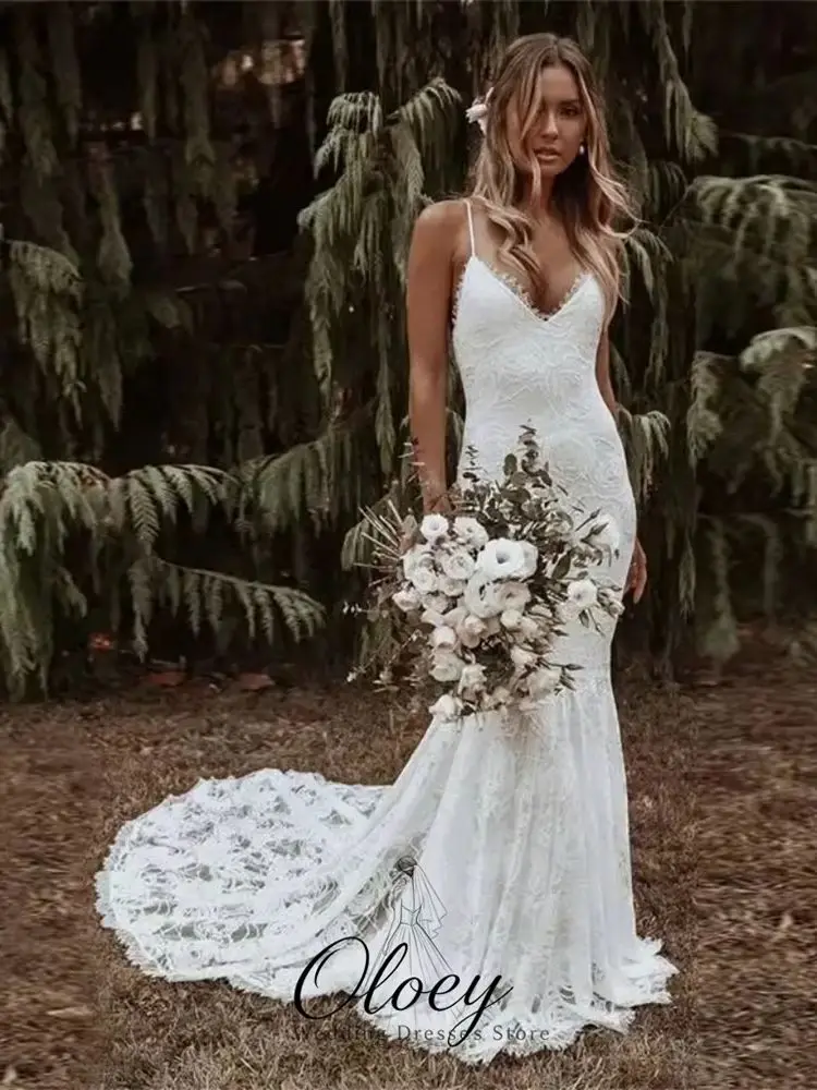 OLOEY 2026 Customized Gorgeous Spaghetti Strap V‑Neck Bridal Gown Lace Mermaid Wedding Dresses For Woman Vestidos De Novia