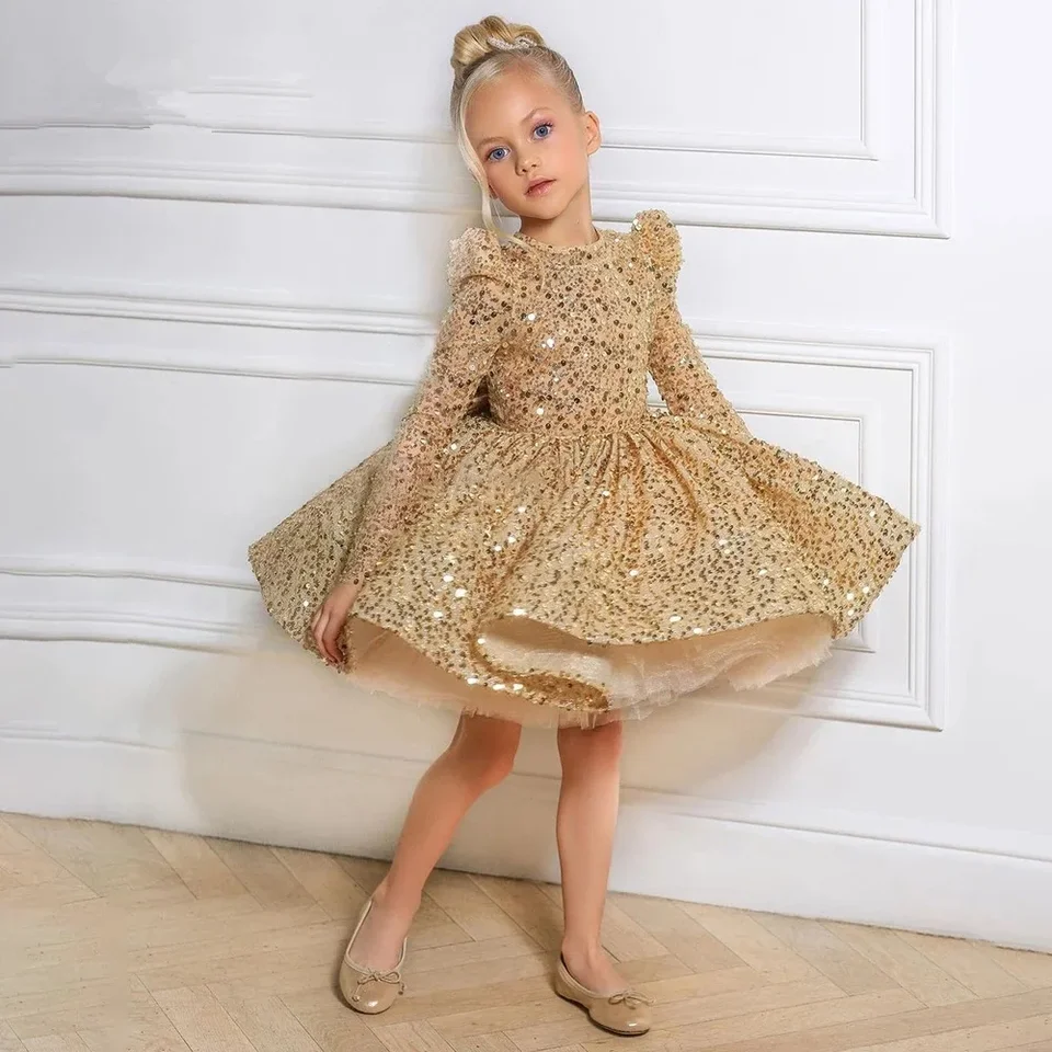 Children Clothing Baby Girl Puffy Gauze Dresses Birthday Elegant Princess  Prom Dress for Kids Gold Sequin Long Sleeve Ball Gown - AliExpress 1501