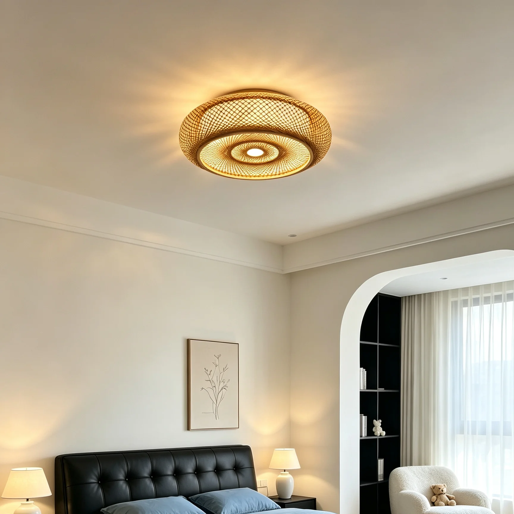 Rustic Cabin Style Bamboo Ceiling Lights Hand Weaving Drum Shaped Ceiling Lamp E26 110V Yellow 50*14cm for Bedroom Living Room