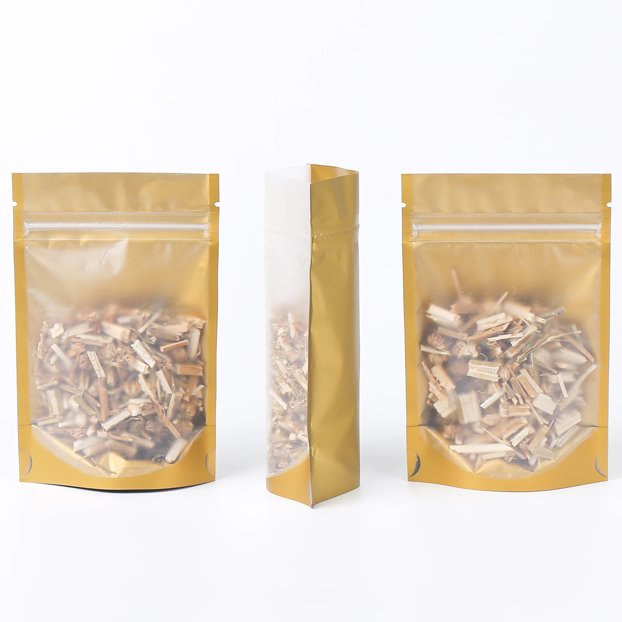 

100Pcs Frosted Window Stand Up Mylar Pouch Smell Proof Matte Gold Aluminum Zipper Sealable Bags For Food Packaging