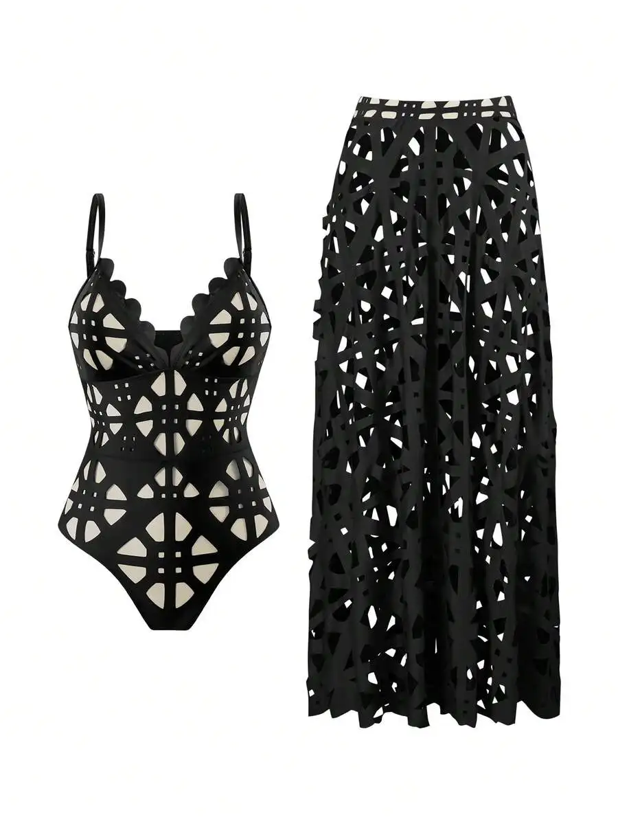 

Black Laser Cut Out One Piece Swimsuit With Skirt Set Women Fashion Pool Outfit