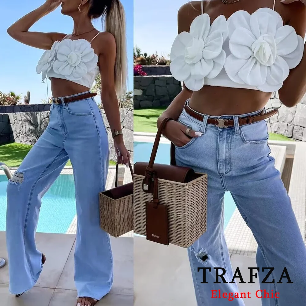 TRAFZA Creative White Floral Halter Top Women's Bra Hook and Eye Closure Halter Top New 2024 Summer Fasion Artistic Halter Top