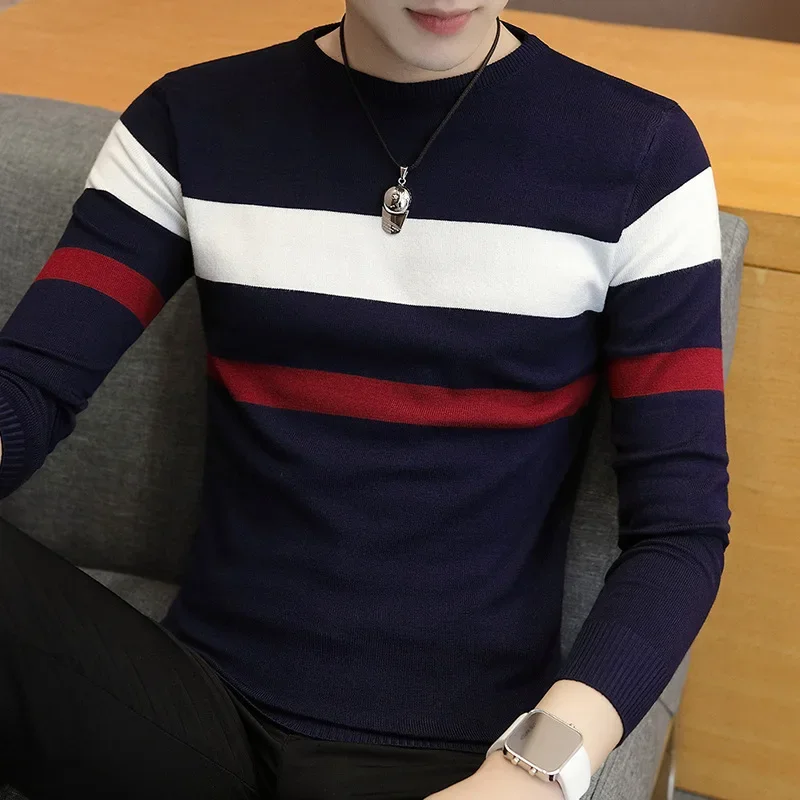 2024 Men's Striped Thin Long-Sleeved Sweater Youth round Neck Pullover Slim Casual Sweater