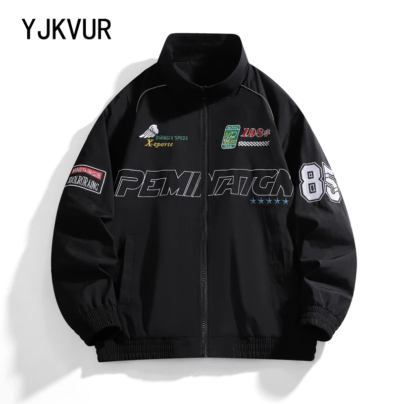 YJKVUR Autumn New Men's Varsity Jacket Vintage Letter Embroidery Racer Jackets Oversized Baseball Bomber Unisex Streetwear Coats