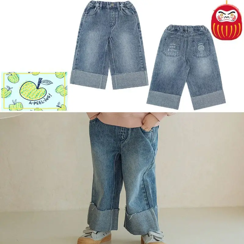 

Jenny&Dave 2023 Spring New Children's Casual Pants with Cartoon Smiling Face and Letter Printing Flip over Jeans for Boys