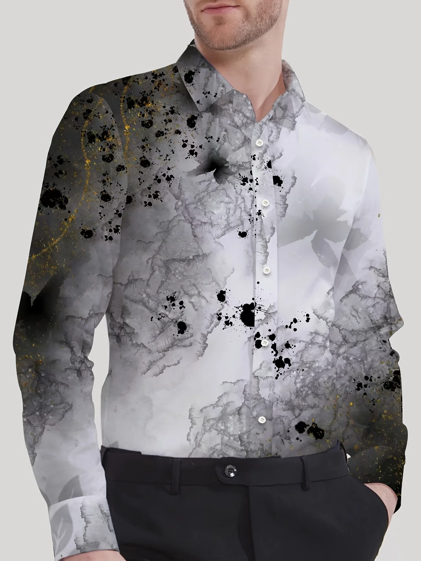 

Men'S Stylish Dopamine Print Long-Sleeve Shirt , Button-Up, Regular Fit, All-Season Wear, Casual Attire