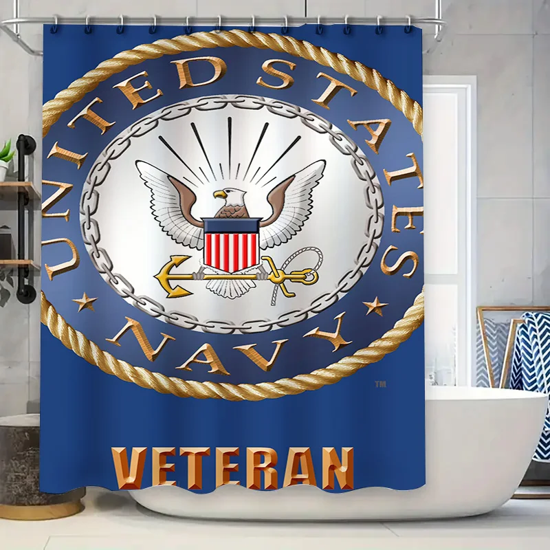 United States Navy Blue Shower Curtain with Golden Rope Military Decor Waterproof Fabric for Bathroom Veteran Edition (180x240cm