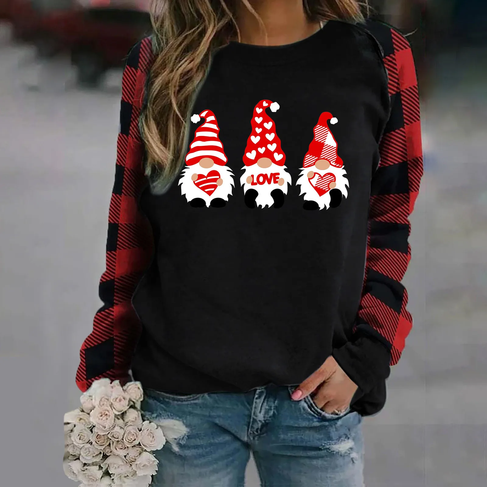 

Teen Girl Sweatshirts Hoodies Women Valentine's Day Plaid Printing Casual Pullover Sweatshirts Long Long Zip Hoodies Women