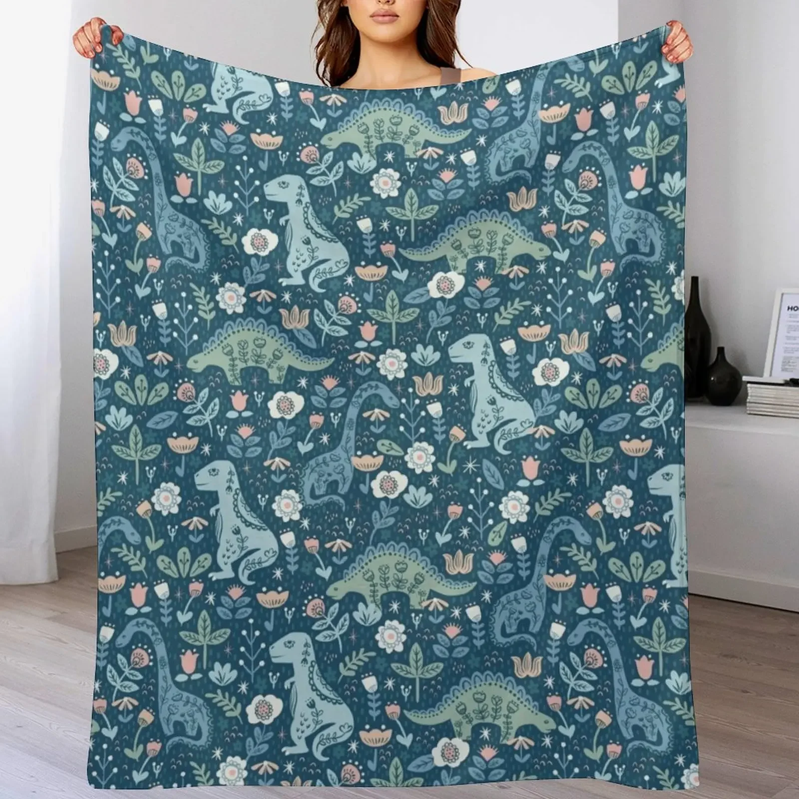 

Folk Dinosaurs in Blue Throw Blanket Soft Warm Blanket Gift for Grandparents
