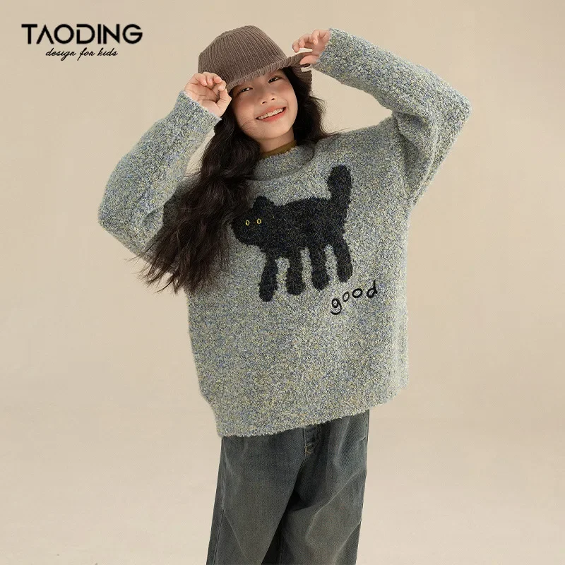 

Girls Sweater Autumn Winter 2024 New Casual Pullover Jacquard Cartoon Round Neck Knitting Korean Simple Style Sweater Fashion