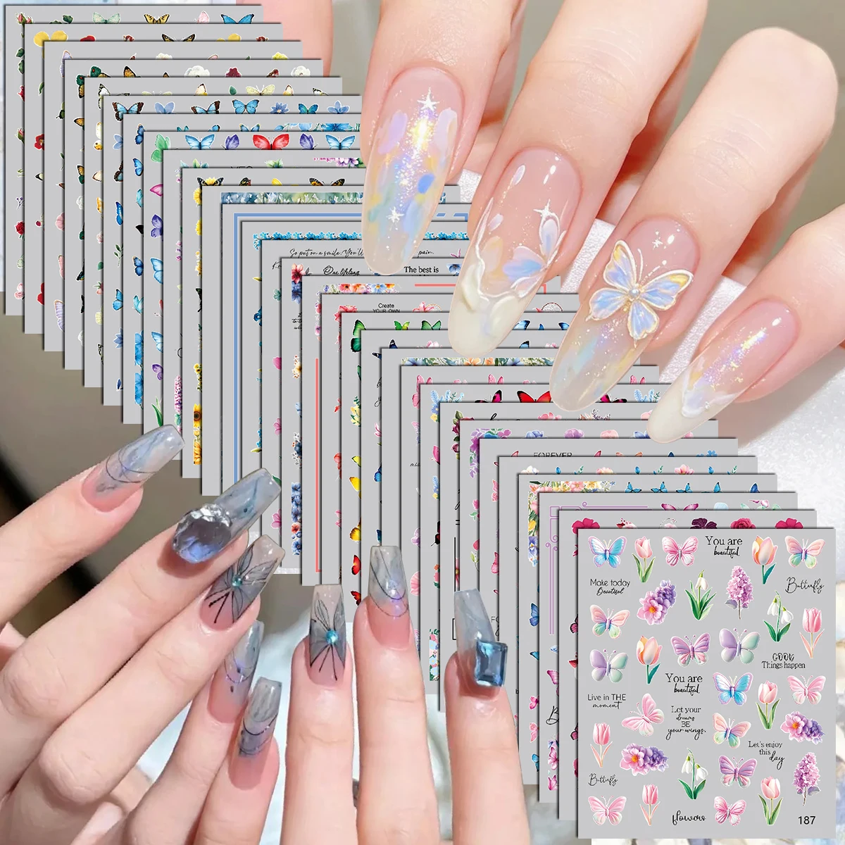 Image of 30 bis 150 Blatt Aquarell-Blumen-Nagelaufkleber Frühling Sommer Selbstklebende DIY-Maniküre-Dekoration Schmetterling Nagelkunst-Sticker