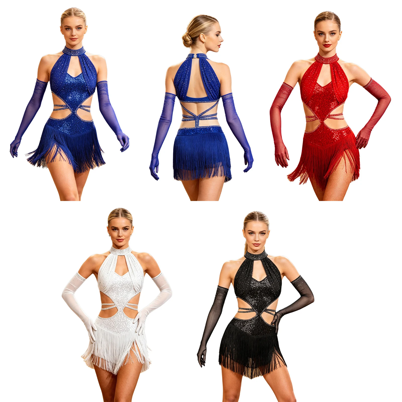 Women Latin Dance Dress with Mesh Gloves Shiny Sequin Tassel Hollow Out Jazz Cha-cha Tango Salsa Samba Rumba Ballroom Dresses