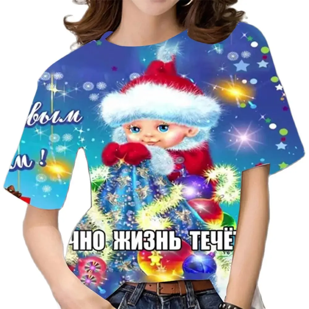 2024 Women Christmas T Shirt 3d Crew Neck Girls Short Sleeve Tops Korea Fashion Ladies Xmas T-shirts Oversized Womens Clothing