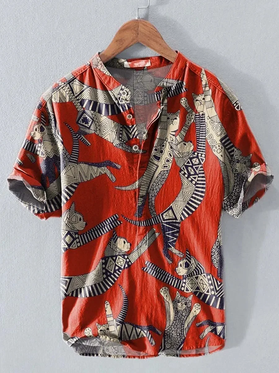 New style of flying bird landscape printed men's short sleeved Henley shirt with artistic and casual style clothing