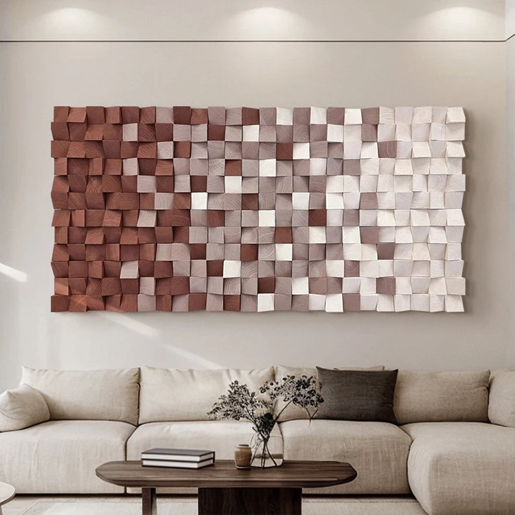 Handmade 3D Mosaic Solid Wood Block Wall Art Gradient Color Custom Size Luxury Home Hotel Lobby Decorative Wood Wall Sculpture