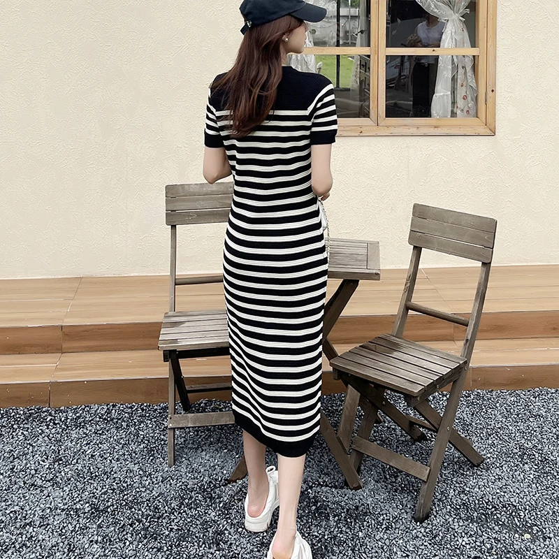 Hip Wrapped Knit Striped O-neck Short Sleeved Midi Dress Long Women Clothing One-Piece Dress Gown Elegant Casual Holiday Summer