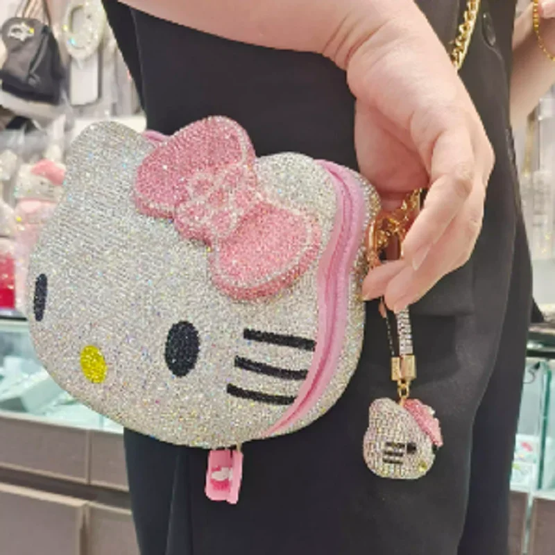 Hot Sanrio Super Cute Girl Cartoon Hello Kitty Diamond Bag Cute Fashionable Messenger Bag Handmade Diamond Inlaid Handbag Gifts