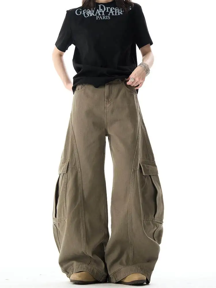 Saimt الأمريكية الرجعية تصميم كبير كيت الربط عمال واسعة الساق فضفاض الجينز الرجال النساء عارضة القطن الدنيم السراويل #4