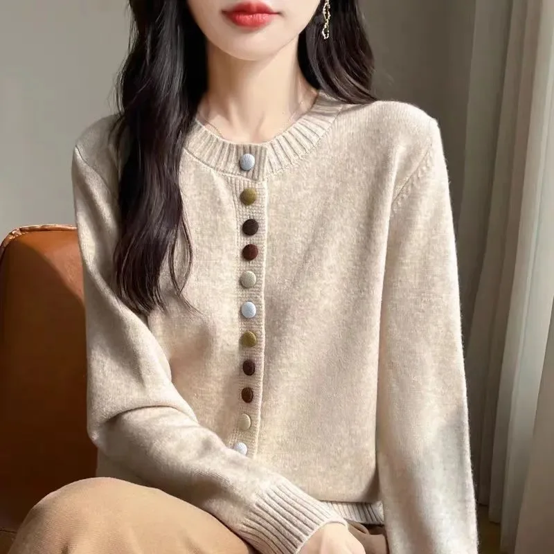 2025 Autumn Winter Round Collar Loose Women's Knitting Cardigan Sweater Coat Sweater Temperament Korean Version Ladies Top