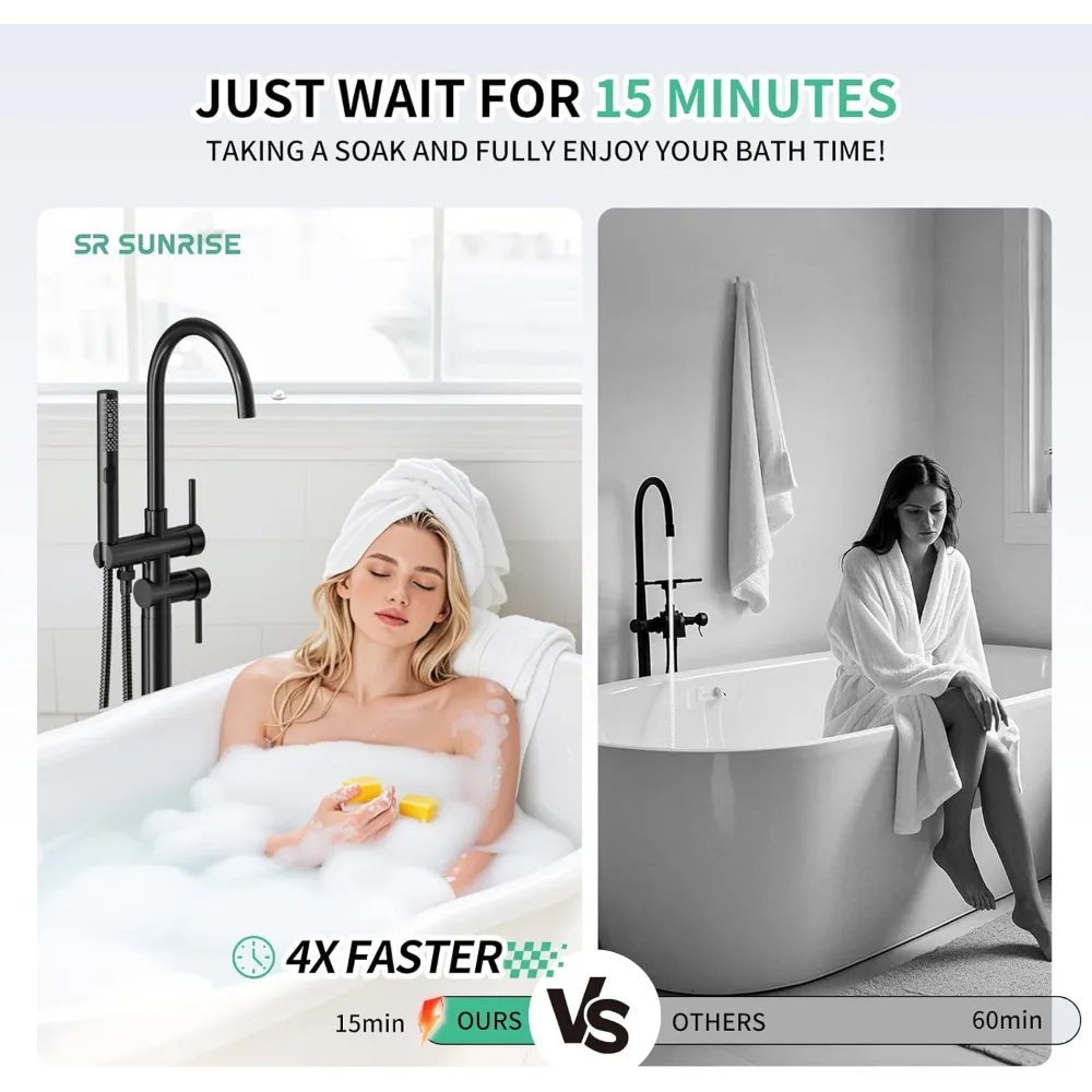 Freestanding Bathtub Faucet Set with High Flow Matte Black Floor Mount Tub Filler and 3-Function Handheld Shower Head