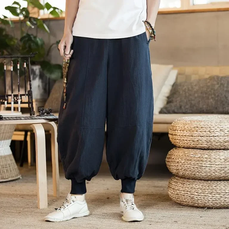 Loose-fit Linen Bloomers Chinese Style Nine-point Wide Leg Pants Ankle-tied Harlan Pants