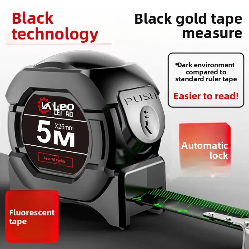 Black Technology Fluorescent Self-locking Tape Measure Black Gold Steel 5m Widened and Thickened Meter Tape High Wear-resistant