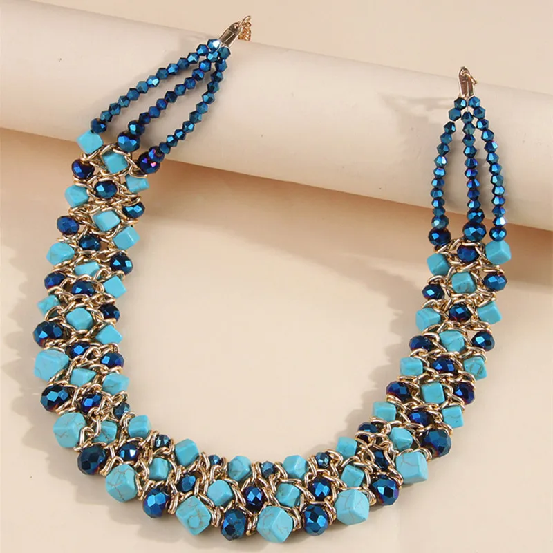 New Ethnic Handmade Glasses Stone Turquoise Stone Mixed Choker Necklace Women Jewelry Multilayer Necklaces Women Accessories