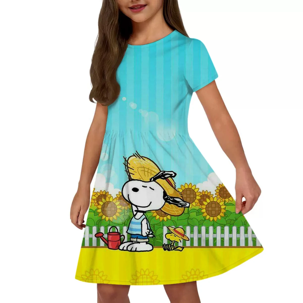 

2025 summer girl cartoon dress-Snoopy watering 3D printing, short-sleeved round neck dress