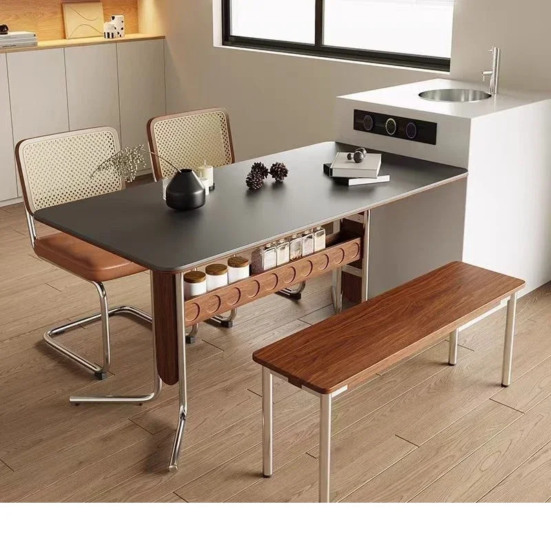 steel solid wood rock plate dining table, large plate rectangular dining table, modern small household dining table