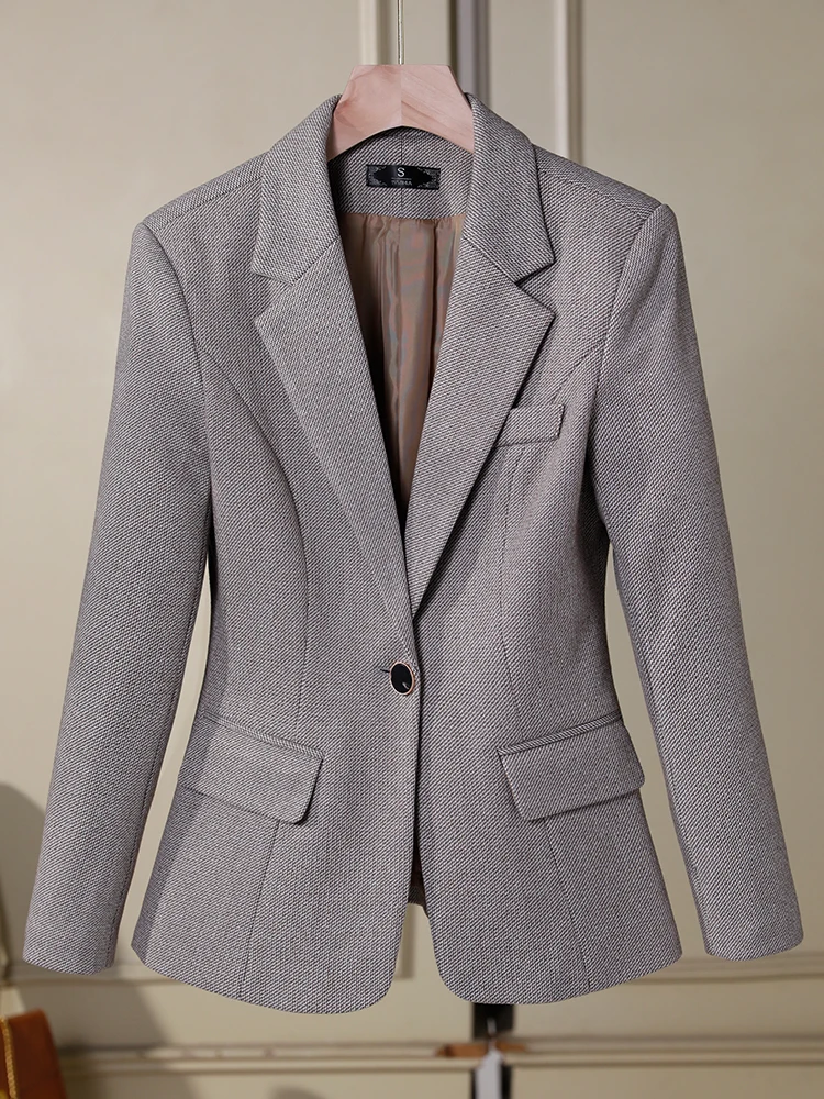 Cinza damasco marrom sólido feminino blazer formal para o outono inverno senhoras feminino manga longa único botão casaco fino