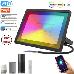 Tuya holofote inteligente led refletor iluminação externa 220v 30 50 100 rgb regulável luz branca quente fria suporte bluetooth wifi