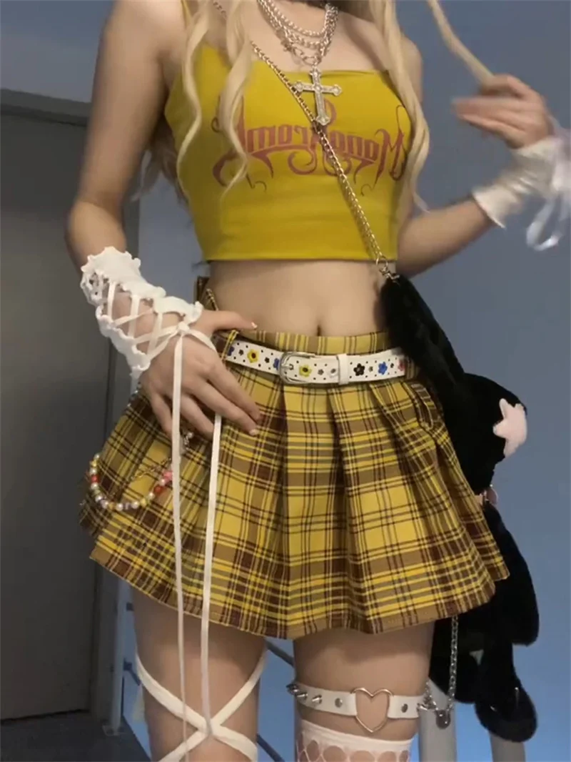 High Waist Plaid  Skirt Women's American Sle Spicy Girl Retro Gingham Skirt Autumn A-Line ort Skirt INS f-length S...