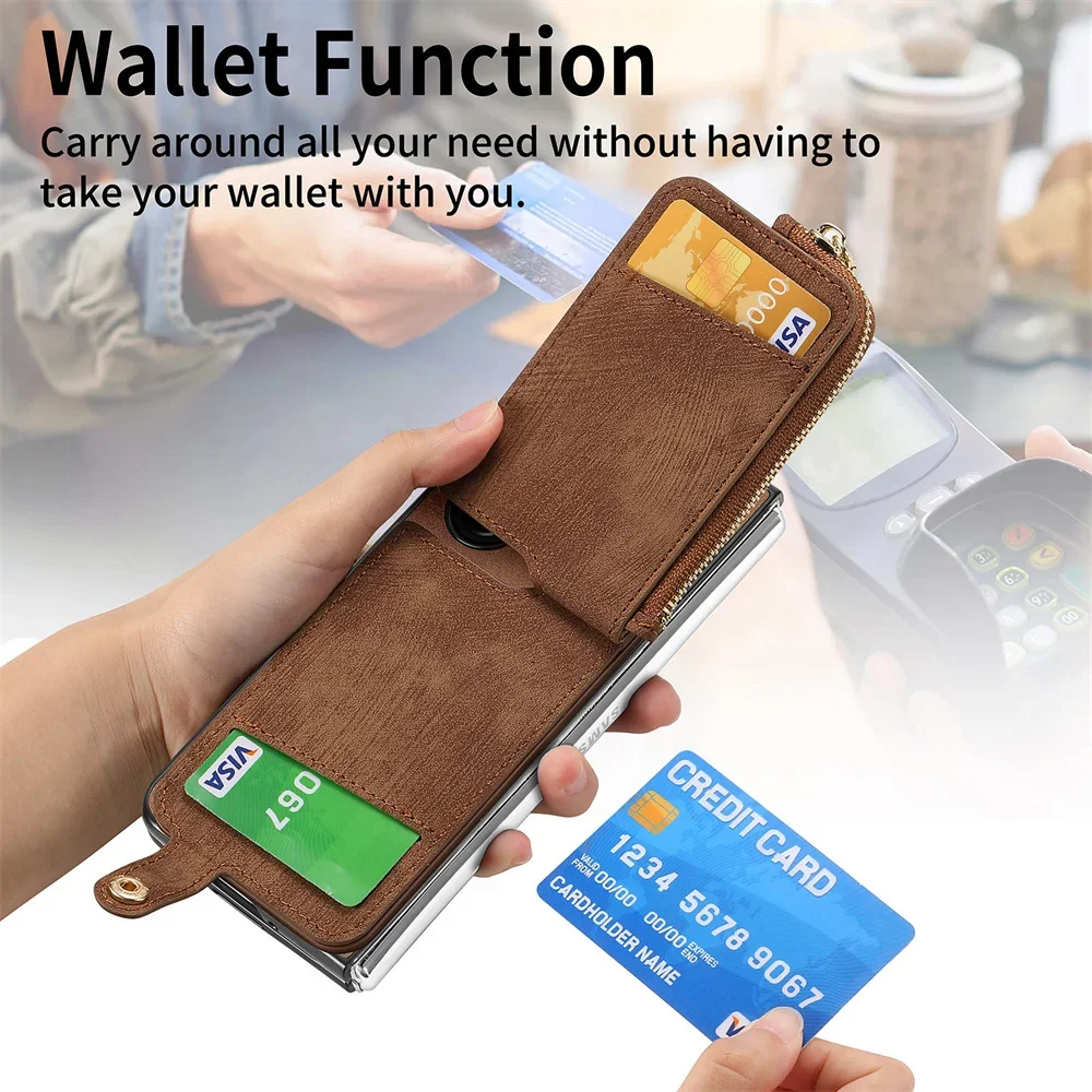 Zipper Wallet Phone Case with Card Slot Holder For Samsung Galaxy Z Fold 6 5 Fold6 Fold5 5G Ring Kickstand PU Leather Back Cover