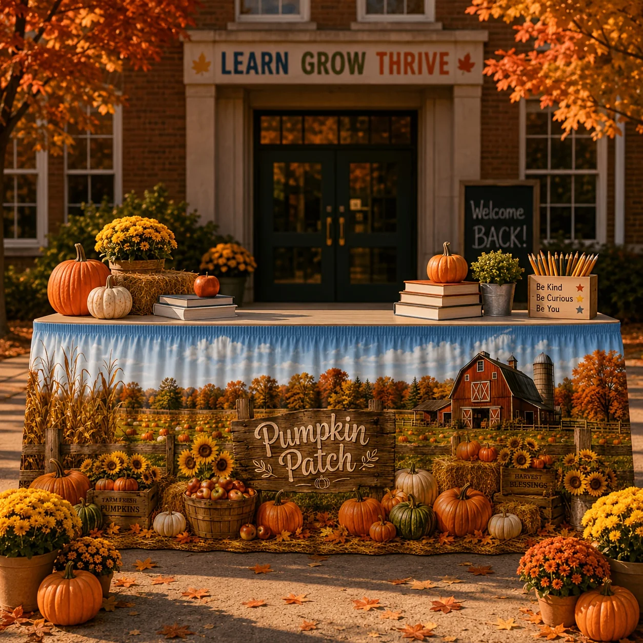 One tablecloth. Pumpkin field, red barn, sunflower, pumpkin, hay bales. Farm. Autumn harvest. Thanksgiving dinner table.xzj