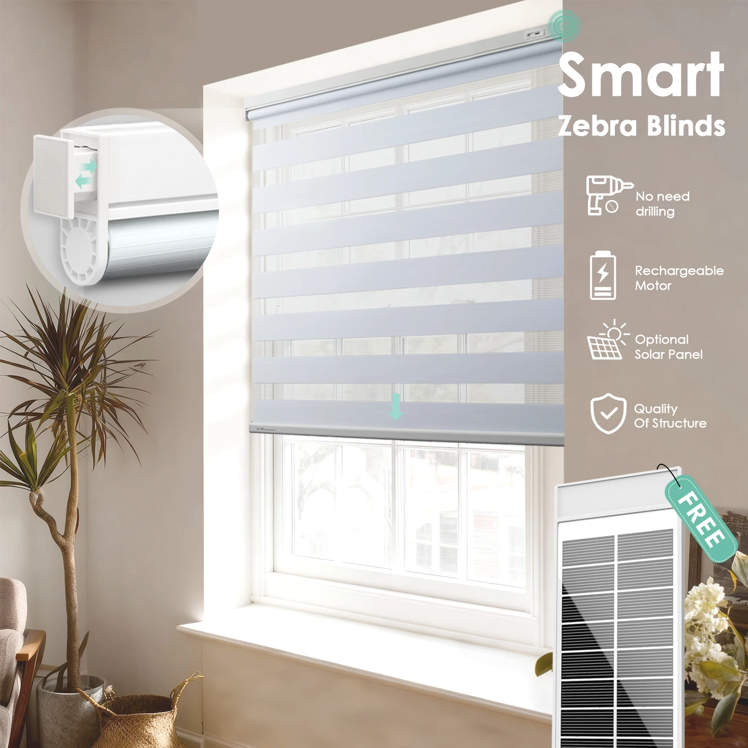 No-Drill Zebra Blinds with Remote Control, Solar-Powered Electric Roller Shades, Automatic Light-Filtering Windows